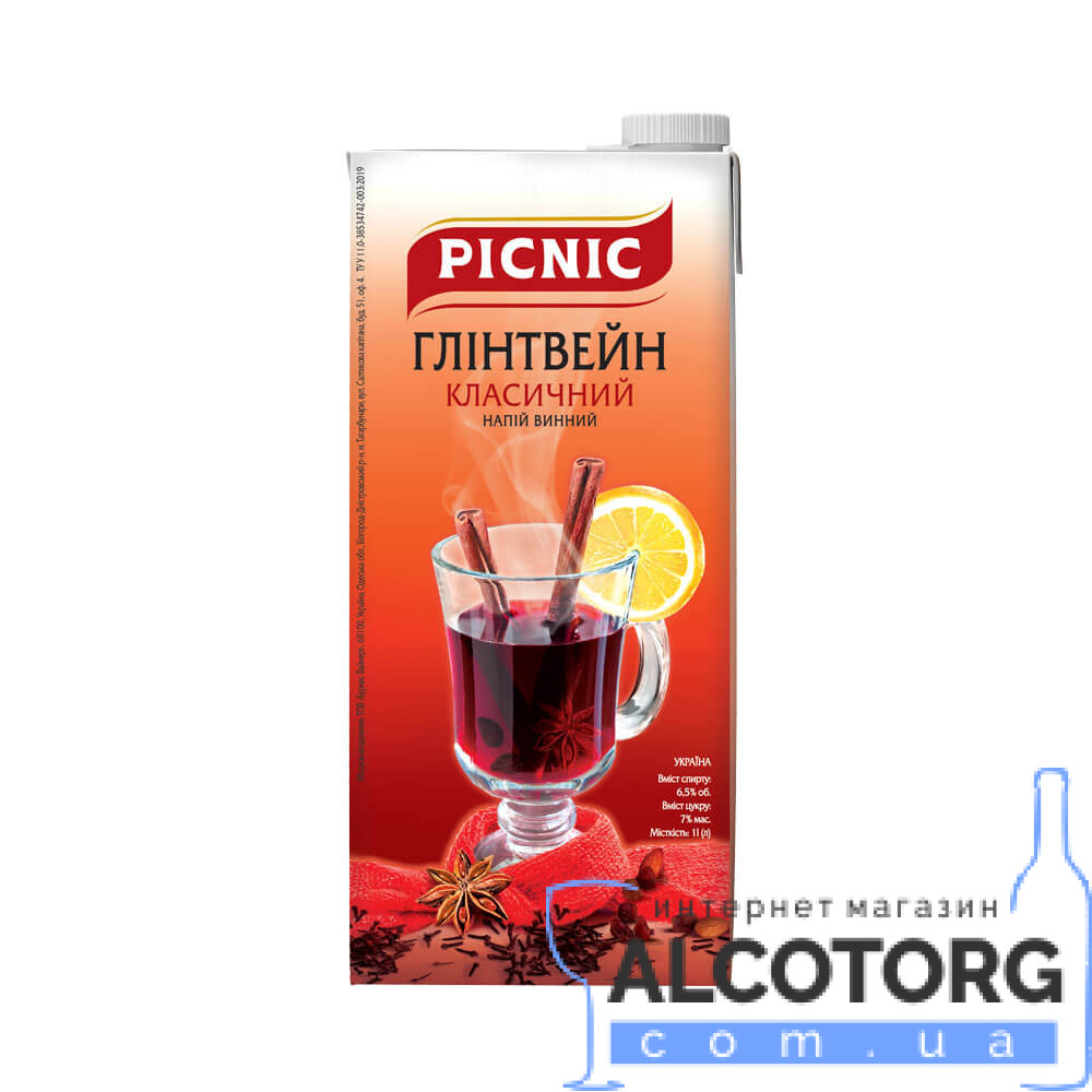 Напій винний Глінтвейн PICNIC 1 л Напій виноградний слабоалкогольний винний Глінтвейн класичний Пікнік червоний, PICNIC 1 л.